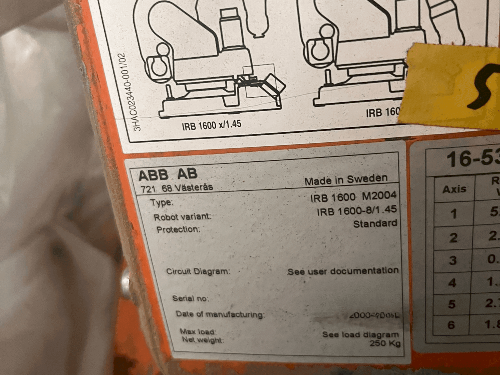 Placa de identificación de la máquina ABB IRB 1600 M2004